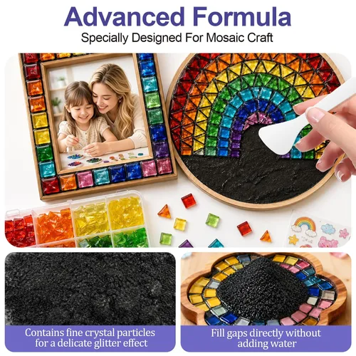 Miniatura 3 de Lechada de mosaico negro de 9 onzas, kit de lechada de mosaico con purpurina, arena de cristal transparente, fórmula impermeable, fácil de aplicar