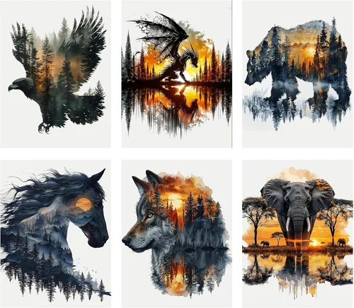 Paquete de 6 kits de pintura de diamantes de animales para adultos, kits de arte de diamantes para adultos, kits de pintura de diamante 5D para
