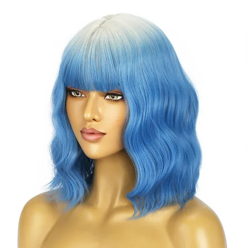Miniatura 24 de BERON 14 Inches Ash Blonde Wig with Bangs Short Curly Wig Short Ash Blonde Bob Synthetic Wigs for Women Daily Halloween Party or Cosplay Hairnet