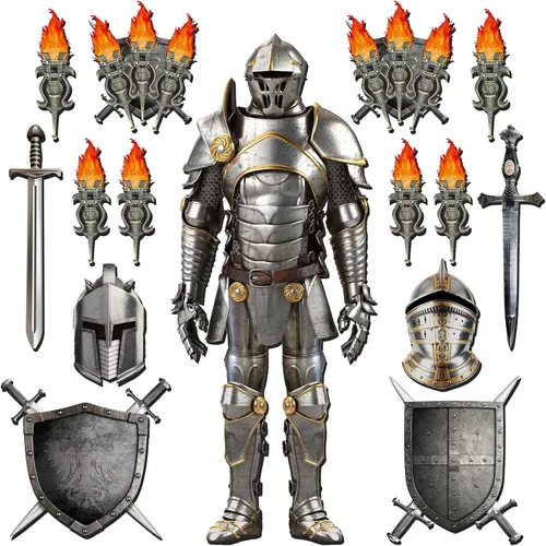 15 piezas de decoraciones medievales para fiestas de 6 pies, traje articulado de armadura de caballero recortado, accesorios de antorcha medieval,