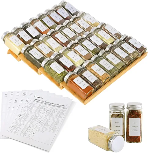 Miniatura 6 de Organizador de Cajón de Especias, 4 Niveles - 8 Piezas Bandeja Inserto de Estante de Especias de Bambú para Cajón de Gabinete Encimera, Organización