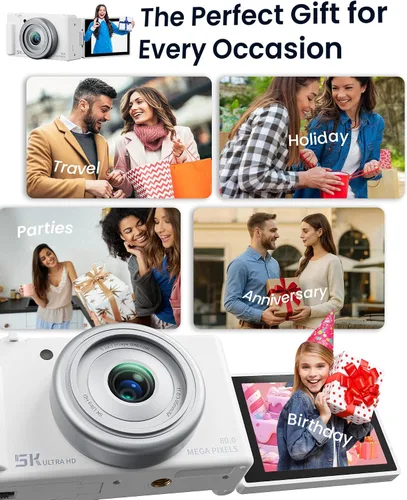 Miniatura 9 de Cámara digital True 5K para fotografía, enfoque automático de 80 megapíxeles con zoom digital 18X, pantalla giratoria de 3" 270°, cámara selfie