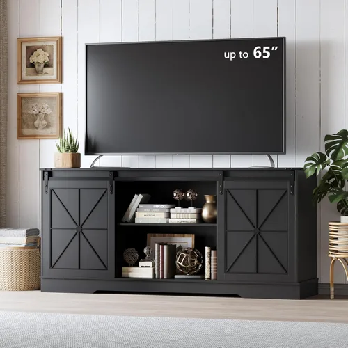 Soporte de TV estilo granja para televisores de 65/60/55 pulgadas, centro de entretenimiento rústico con gabinetes de almacenamiento y puertas Negro