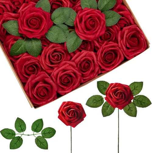 InnoGear - Flores artificiales, 50 piezas de rosas falsas de espuma roja oscura a granel con tallos para decoración, celebraciones, ramos de boda