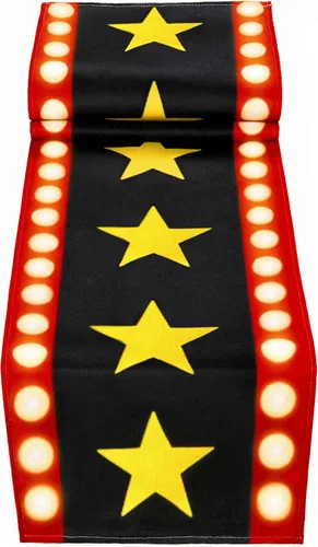 Camino de mesa de noche de cine de 13 x 72 pulgadas con diseño de estrella dorada, decoración de alfombra negra para suministros de fiesta de