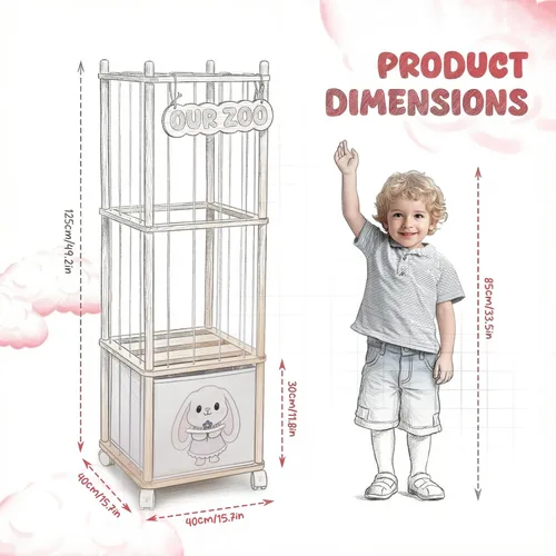 Miniatura 6 de Almacenamiento de animales de peluche con contenedores de tela extraíbles y ruedas de bloqueo, organizador de juguetes de madera 2 en 1 y estante