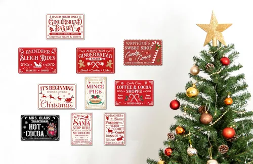 Miniatura 6 de Letrero de hojalata de Café y Cacao Tienda divertido, letreros de metal navideños retro, letrero de Santa retro, decoración de pared navideña para P9