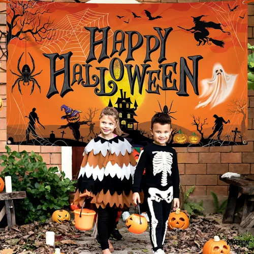Miniatura 6 de KatchOn Cartel naranja de feliz Halloween, extra grande de 72 x 44 pulgadas, telón de fondo de calabaza para decoraciones de fiesta y fotografía