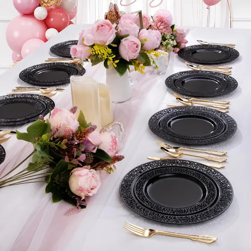 Miniatura 6 de U-QE 150 platos de plástico negro con cubiertos de plástico dorado, platos negros desechables para fiestas, incluyen 30 platos llanos de 10.25
