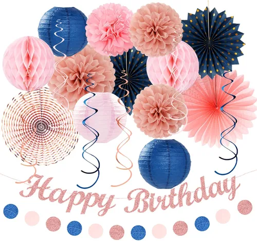 Miniatura 12 de Beige Champagne Rose Gold Women-Girls Birthday Decorations - 21pcs Fall Boho Party Happy Banner, Peach Streamers,Paper Lanterns,Pom Poms Fans 16th