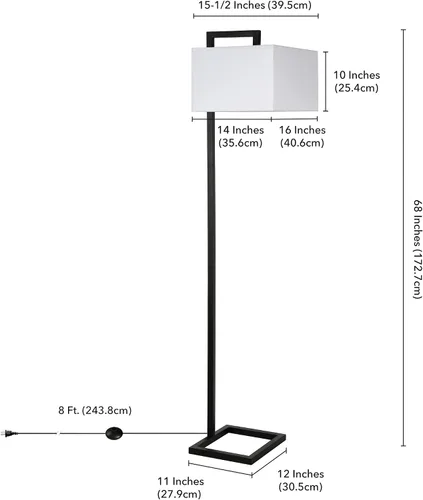 Miniatura 8 de Henn&Hart 68" Traditional 1-Light Floor Lamp with White Fabric Rectangle Shade for Living Room, Bedroom, or Office, Black