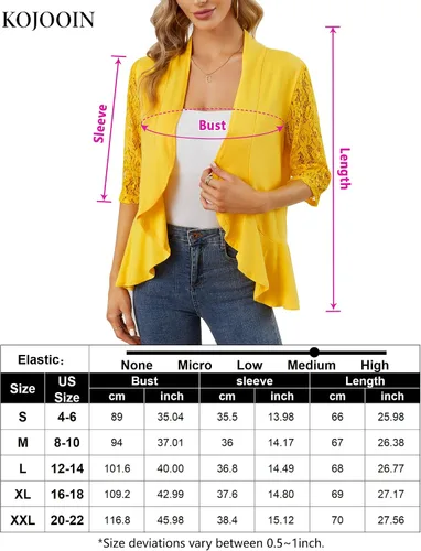 Miniatura 7 de KOJOOIN Blusas para mujer, ligeras, manga 34, casual, con encaje, parte delantera abierta, con volantes drapeados