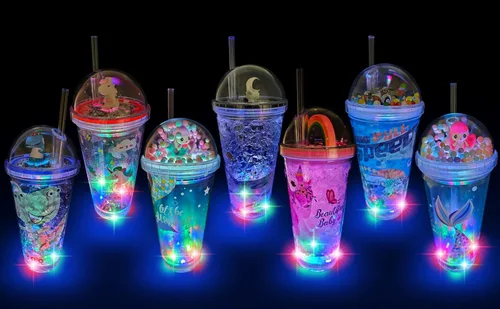 Miniatura 6 de Vasos de fiesta brillantes para niños, vaso mágico con luz LED que brilla en la oscuridad, botella de agua de 16 onzas con tapas y popotes