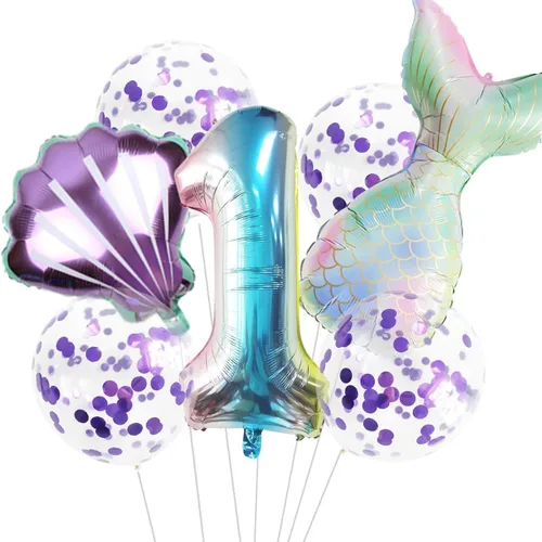 Miniatura 21 de 7 globos de sirena con números para fiesta de cumpleaños de 1, 2, 3, suministros de decoración de cola de sirena para niñas (número 0)