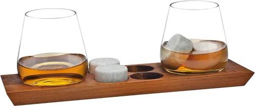 Godinger Vasos de whisky, vasos para beber, vasos de bar, copas de vino, vasos sin tallo y rocas escalofriantes Juego de barras de whisky en bandeja