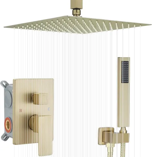 Miniatura 16 de Sistema de ducha montado en el techo de 10 pulgadas, juego de mezclador de lluvia, sistema de cabezal de ducha de lluvia, grifo de ducha de níquel