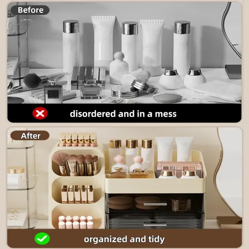 Miniatura 4 de Covzoe Organizador de maquillaje grande con soporte para pinceles, espaciosa vitrina de cosméticos con cajones para tocador, solución