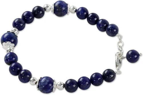 Miniatura 3 de NOVICA Lapislázuli Plata de ley 925 pulsera con abalorio, 7.75," "Deep floral