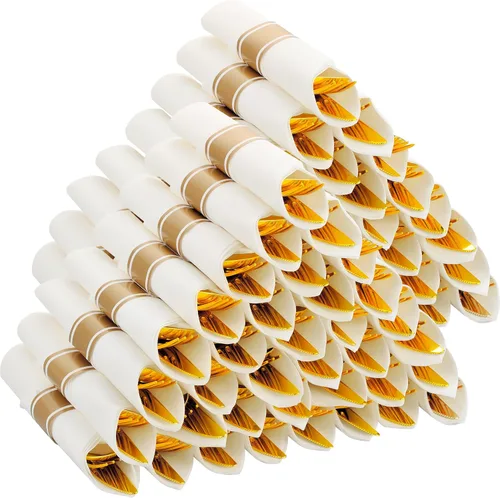 Miniatura 12 de Juego de 50 cubiertos de plástico color oro rosa preenrollados con servilletas, juego de cubiertos desechables envueltos resistentes para bodas