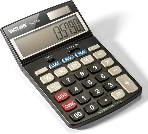 Victor 1180-3A Calculadora de función estándar de 12 dígitos, batería y pantalla LCD de ángulo ajustable híbrida solar, ideal para escritorios de