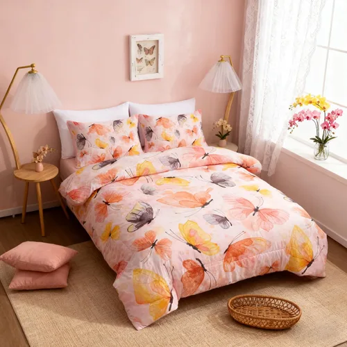 Miniatura 9 de Btargot Juego de edredón de 3 piezas con diseño de mariposas para niños, juego de cama con estampado de flores coloridas para mujeres y niñas