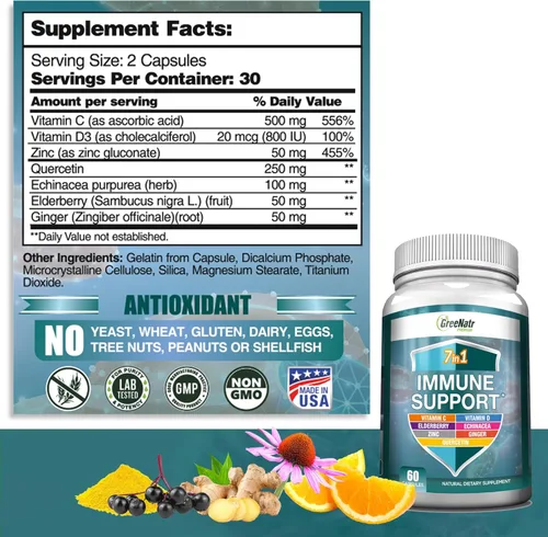 Miniatura 4 de GreeNatr Suplemento de apoyo inmunológico con vitamina C, D3, cinc 50 mg, quercetina, equinácea purpurea, sambucus saúco y jengibre para una defensa
