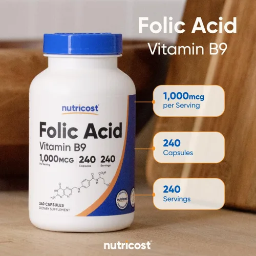 Miniatura 6 de Nutricost ácido fólico (Vitamina B9) 1000 mcg, 240 Cápsulas, 1 botella, 1