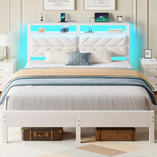 Miniatura 9 de Seventable Base de cama tamaño Queen con estación de carga, cama LED con cabecera de almacenamiento tapizada, cama de plataforma de metal con Gris
