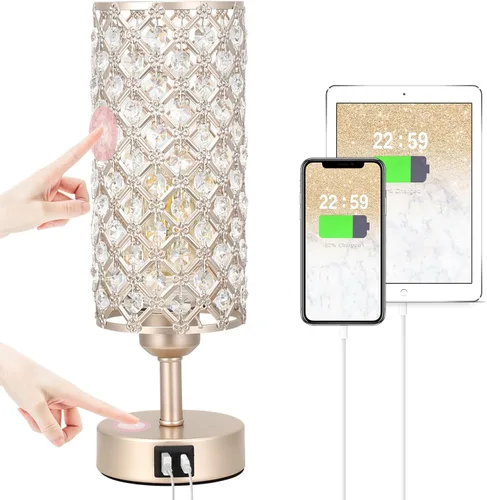 Miniatura 14 de Lámpara de mesa de cristal Hong-in - Control táctil regulable en 3 vías, lámpara de cabecera de oro rosa con puertos USB C y A, luz de mesita