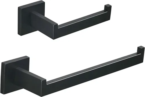 SHUNLI Soporte de papel higiénico negro + soporte para toalla de mano, juego de accesorios de baño de 2 piezas, toallero de anillo para toalla