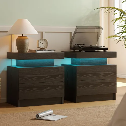 Miniatura 14 de Juego de 2 mesitas de noche con 2 cajones de madera, moderna mesita de noche LED para dormitorio LED Night Stand set 2,Night Stands set of 2 for