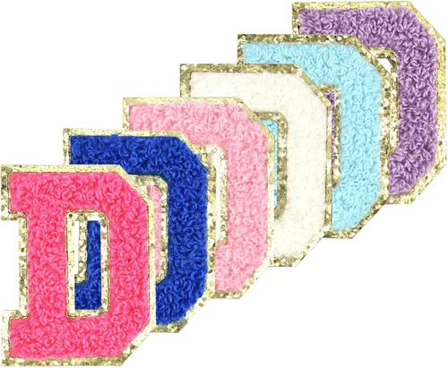 Miniatura 11 de 6 piezas de parches de letras de chenilla autoadhesivas con purpurina para planchar, parches de letras universitarias estilo preppy, letras difusas