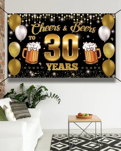 Miniatura 6 de Cartel de fondo de "Cheers & Beers to 30 Years", decoraciones de feliz cumpleaños 30 para hombres y mujeres, decoración de 30 aniversario