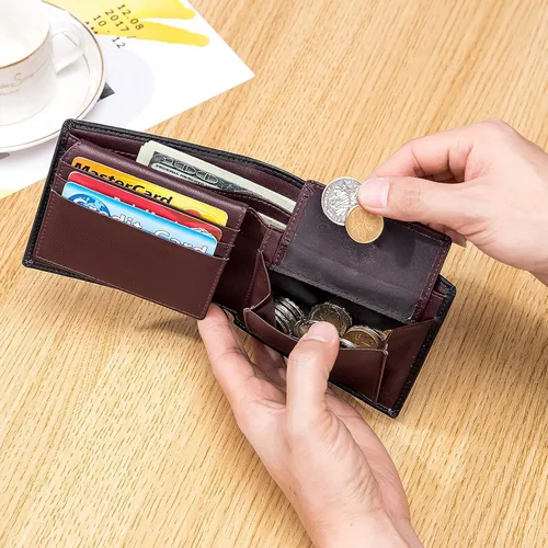 Miniatura 9 de OFAMOUS Cartera de cuero para hombre con bolsillo para monedas, ventana de identificación abatible, bloqueo RFID, billetera delgada con bolsillo