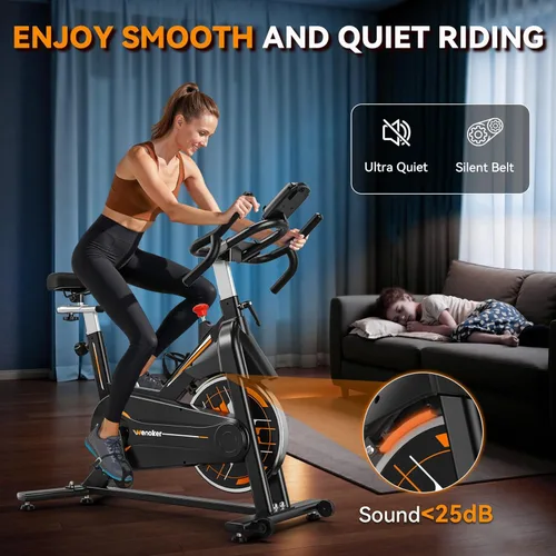 Miniatura 4 de Bicicleta estática Wenoker para el hogar, bicicleta de interior compatible con aplicaciones con asiento ajustable y manillar multiagarre, ruedas