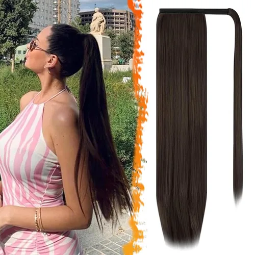 Miniatura 61 de BARSDAR Extensión de cola de caballo de 28 pulgadas largo recto envoltura alrededor del clip en pelo de fibra sintética para mujeres, negro
