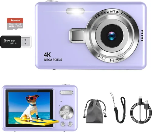 Cámara digital, enfoque automático UHD 4K 50MP cámara de vlogging para fotografía con tarjeta SD de 32 GB, zoom 16X, antivibración, cámaras Púrpura