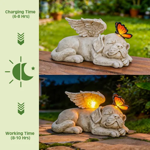Miniatura 3 de WONDER GARDEN Estatua de Ángel Perro Durmiendo con Luz Solar - Piedra Conmemorativa para Mascotas, en Memoria de Perro, Estatuas de Tributo Cachorro