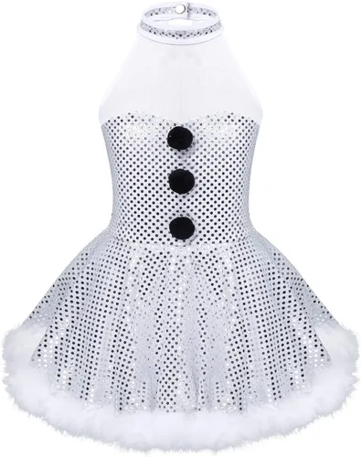 JEATHA Disfraz de tutú de lentejuelas brillantes con cuello halter para niños y niñas, muñeco de nieve, patinaje artístico, ballet