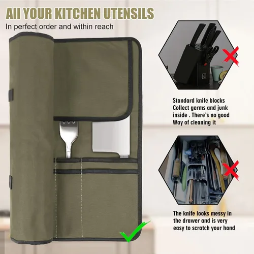 Miniatura 3 de QIQU Bolsa de Cuchillos de Chef Verde Militar con 10 Ranuras Portacuchillos de Cuchillería Protectores, Herramientas de Cocina para el Hogar Viajes