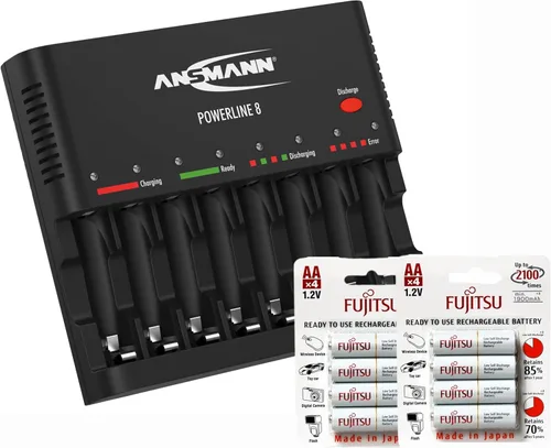 Ansmann Powerline 8 - Cargador de batería universal para baterías recargables NiMH AAA y AA, cargador de 8 bahías más 8 baterías recargables Fujitsu