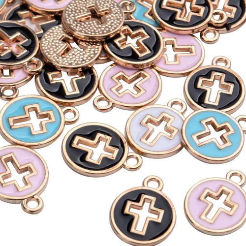 Miniatura 6 de Aylifu 40 dijes redondos de cruz esmaltada de aleación de crucifijo para hacer joyas, pulseras, collares, 4