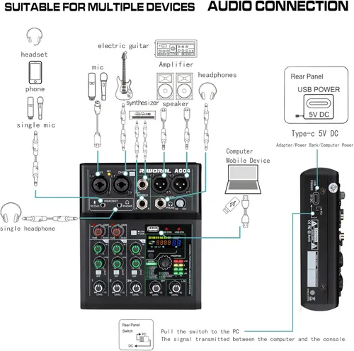 Miniatura 2 de Mezclador de audio de 4 canales con efectos 88 DSP, mesa de mezclas, interfaz USB, Bluetooth, reproductor de música + alimentación fantasma de línea