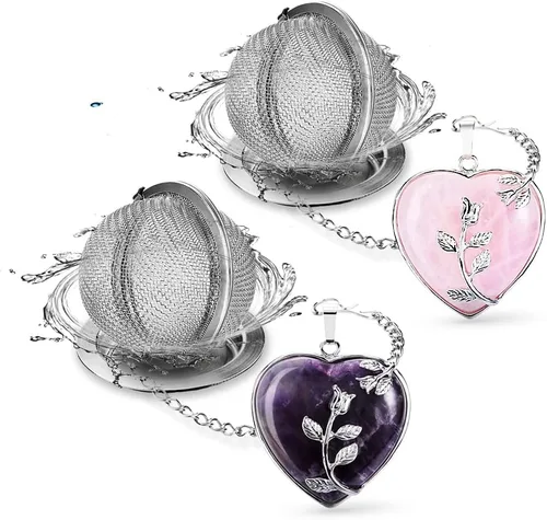 NSTaygate 2 coladores de té con infusor de té para té suelto, amatista y cuarzo rosa, colgante de corazón de cristal de amor infinito, pareja hecha