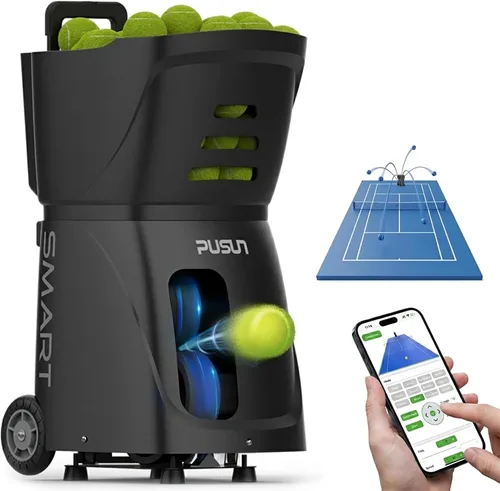 | Máquina de pelotas de tenis PT-Smart: control de aplicación con 12 modos de entrenamiento incorporados, giro de 6 niveles, 28-Pt, 75 MPH, 32.6