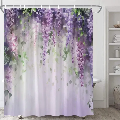 Miniatura 2 de Cortina de ducha con flores florales de otoño, acuarela, naranja, lavanda, vid, hojas de otoño amarillas sobre fondo borroso con decoración de baño