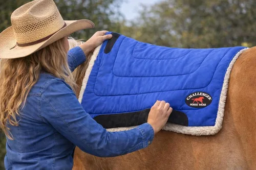 Miniatura 3 de CHALLENGER Horse & Pony Saddle PAD Western Riding Trail Cordura Top Fur Bottom Full 39143 Azul Real