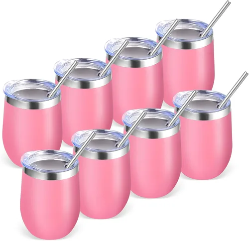 Miniatura 20 de Volhoply - Juego de 12 vasos de vino de 12 onzas con tapa, hechos de acero inoxidable con aislamiento al vacío de doble pared, vasos de vino sin Rosa