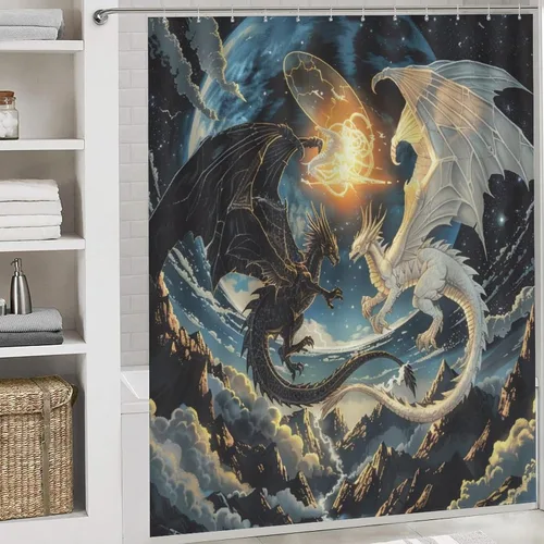 Miniatura 5 de Juego de 4 cortinas de ducha con diseño de dragón y luna de fantasía, juego de decoración de baño con alfombras, tapete de baño, cortina de ducha