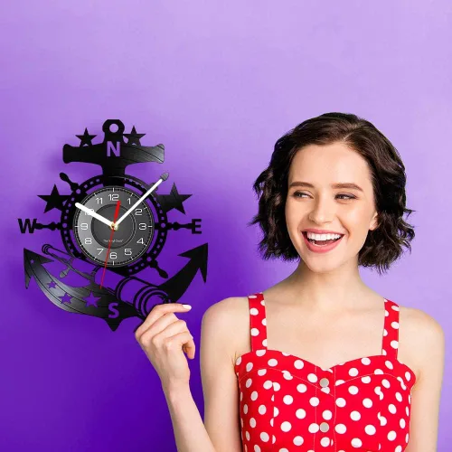 Miniatura 7 de Reloj de pared de disco de vinilo de 12 pulgadas, funciona con pilas, cuarzo silencioso, sin tictac, telescopio de anclaje de barco náutico, Sin luz